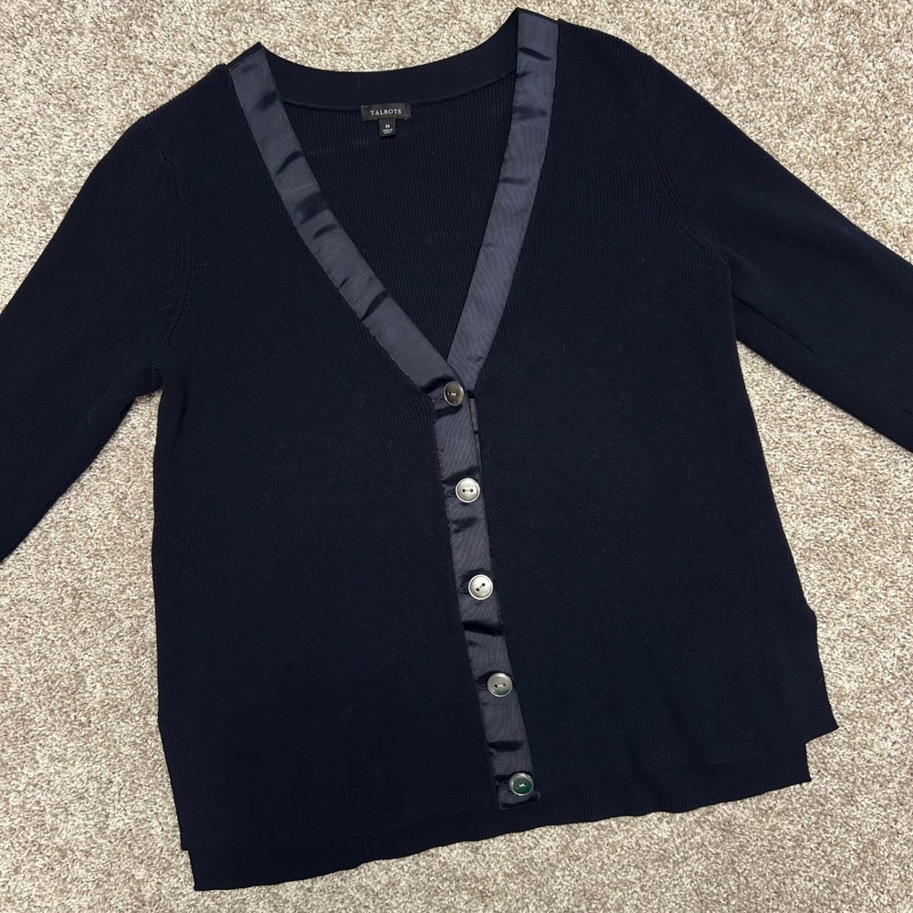 Talbots Cardigan Women Size Medium Ribbon Trim Button Navy Blue Preppy‎ Casual